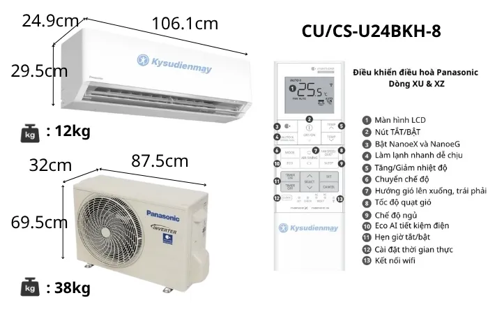 Thông số kỹ thuật điều hoà Panasonic 24000BTU 1 chiều inverter cao cấp CU/CS-U24BKH-8